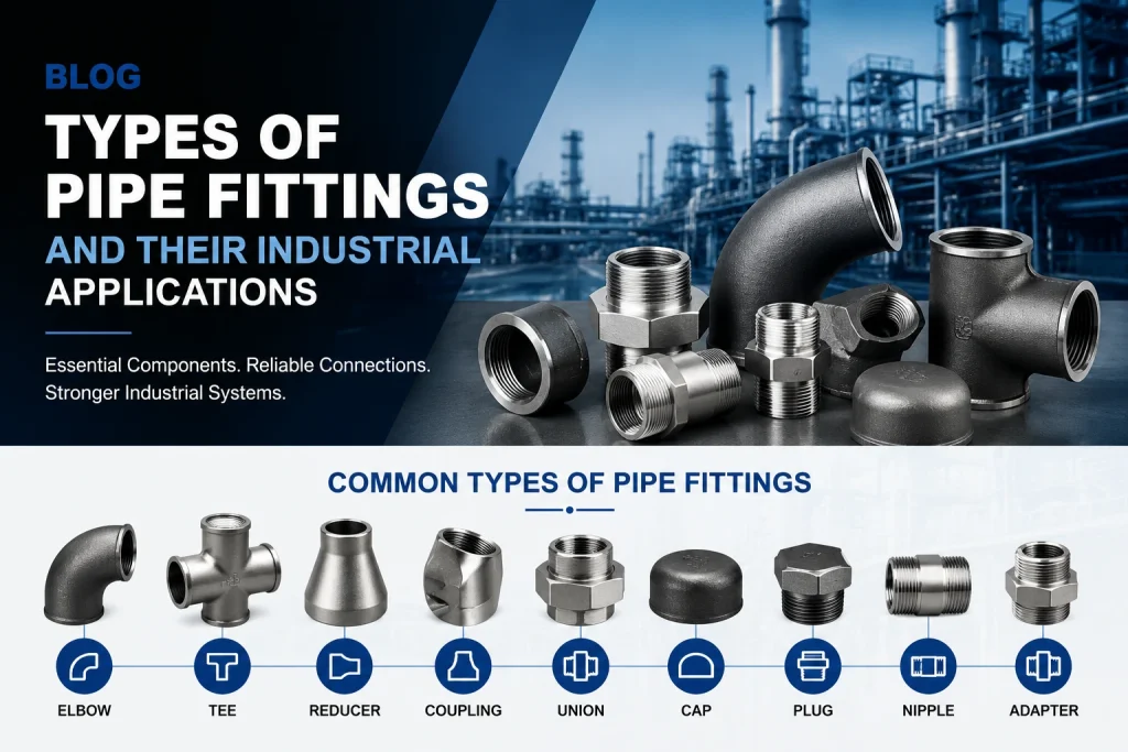 Common industrial pipe fittings guide showing elbow, tee, reducer, coupling, union, cap, plug, nipple, and adapter with their applications
