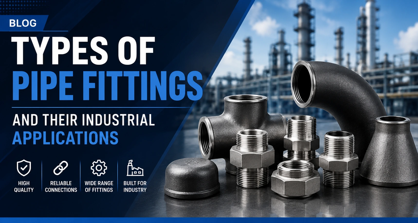 Different types of industrial pipe fittings including elbows, tees, reducers, couplings, unions, caps, and adapters used in industrial piping systems