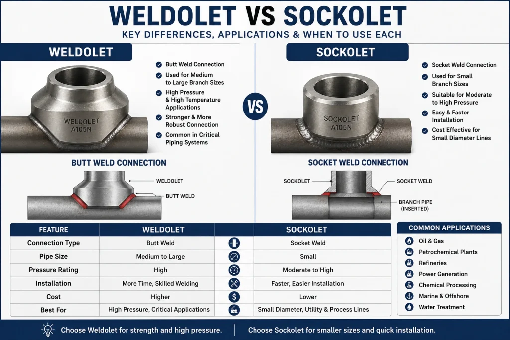 Weldolet vs Sockolet comparison guide showing butt weld and socket weld branch connection fittings with key differences, applications, and selection criteria for industrial piping systems