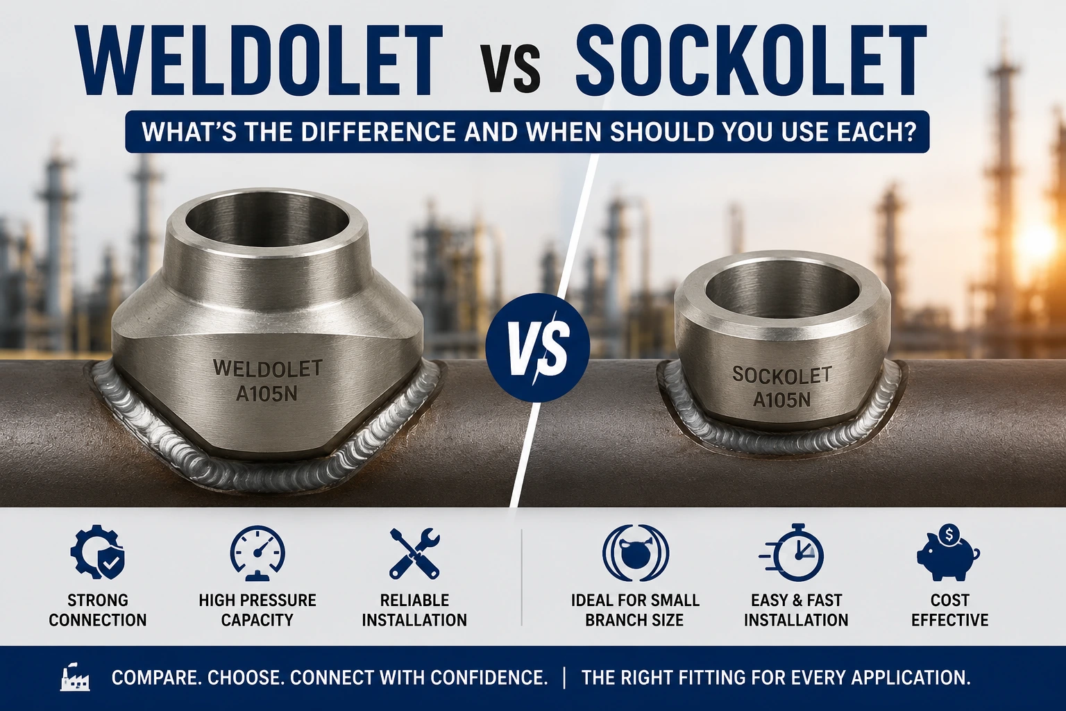 Weldolet vs Sockolet comparison showing the differences between butt weld and socket weld branch connection fittings used in industrial piping systems