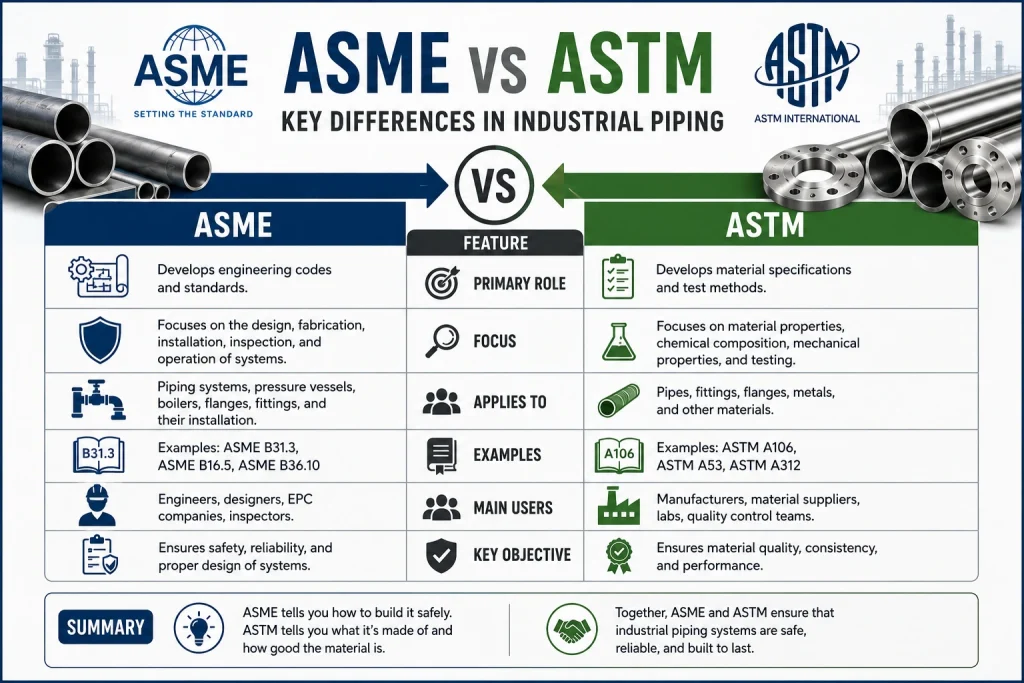 Comparison chart explaining the differences between ASME and ASTM standards used for industrial piping, steel pipes, and engineering specifications