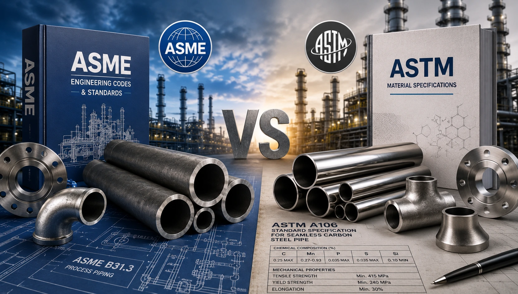 ASME vs ASTM comparison showing engineering standards and material specifications for industrial steel pipes and piping systems