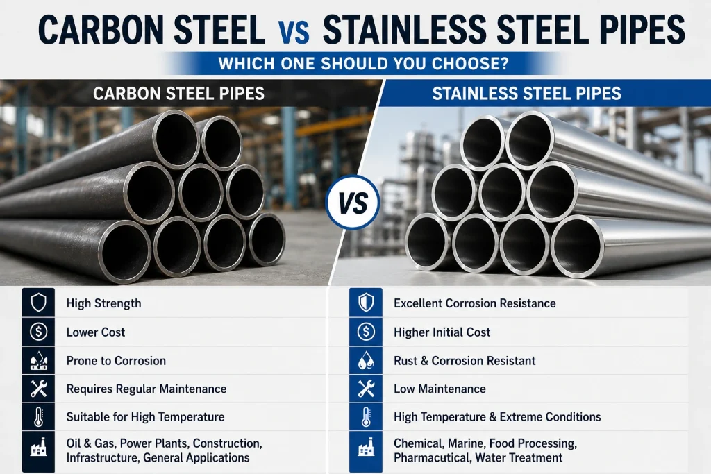 Carbon Steel vs Stainless Steel Pipes Comparison Chart Showing Strength, Corrosion Resistance, Cost, Maintenance and Industrial Applications
