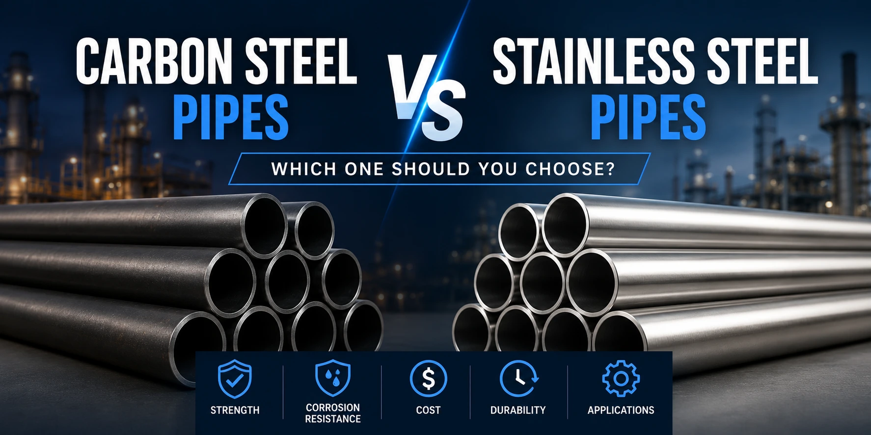 Carbon Steel vs Stainless Steel Pipes Comparison – Strength, Corrosion Resistance, Cost and Industrial Applications