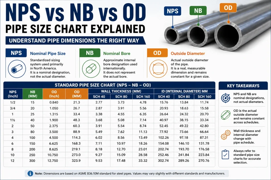 NPS vs NB vs OD pipe size comparison chart showing nominal pipe size, nominal bore, outside diameter, and standard steel pipe dimensions for industrial piping systems