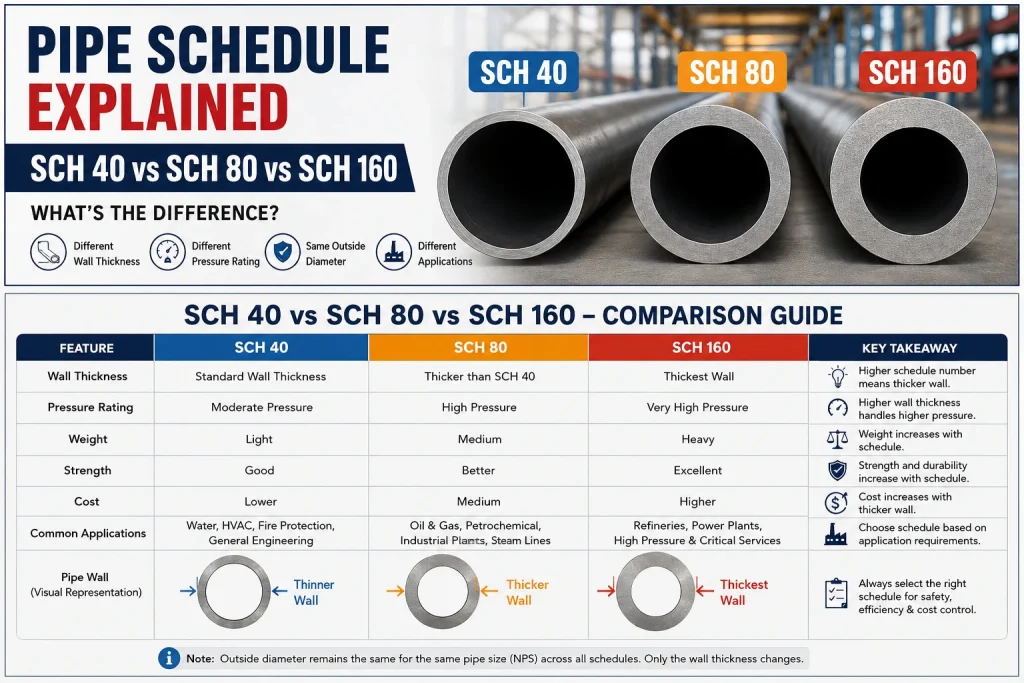 Industrial pipe schedule chart comparing SCH 40, SCH 80, and SCH 160 based on wall thickness, pressure rating, and common applications