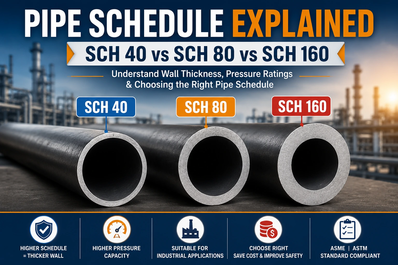 Pipe schedule comparison showing SCH 40, SCH 80, and SCH 160 steel pipes with differences in wall thickness and industrial applications