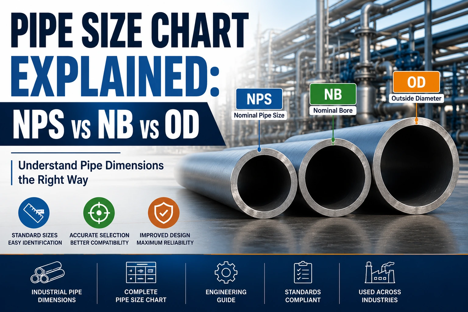 Pipe size chart comparing NPS, NB, and OD dimensions for industrial steel pipes used in piping systems