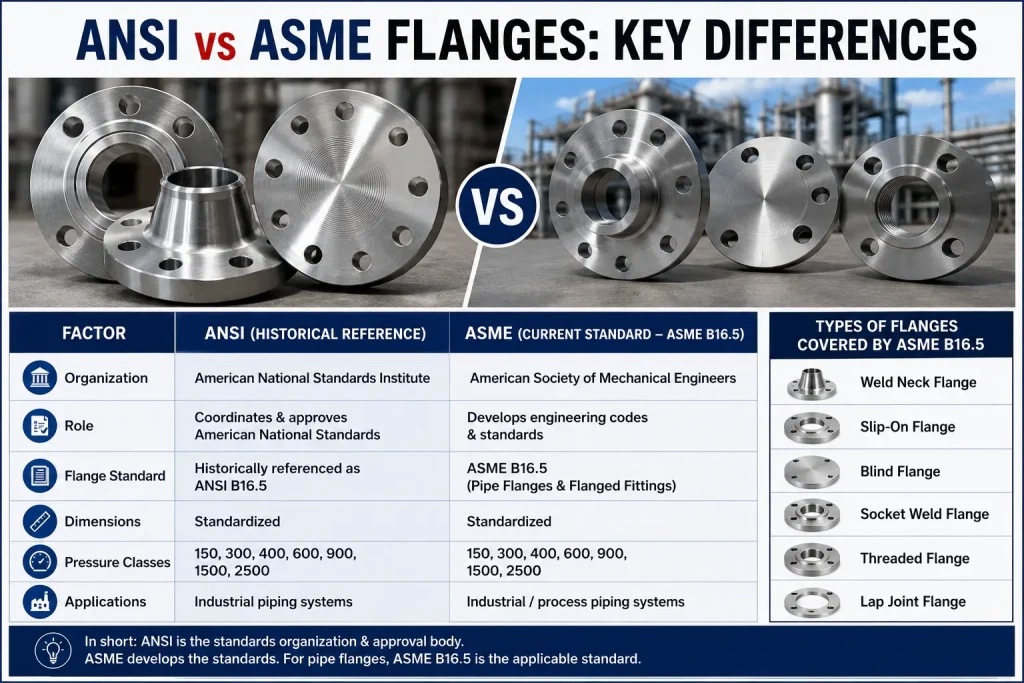 ANSI vs ASME Flanges comparison showing flange standards, pressure classes, dimensions and industrial applications