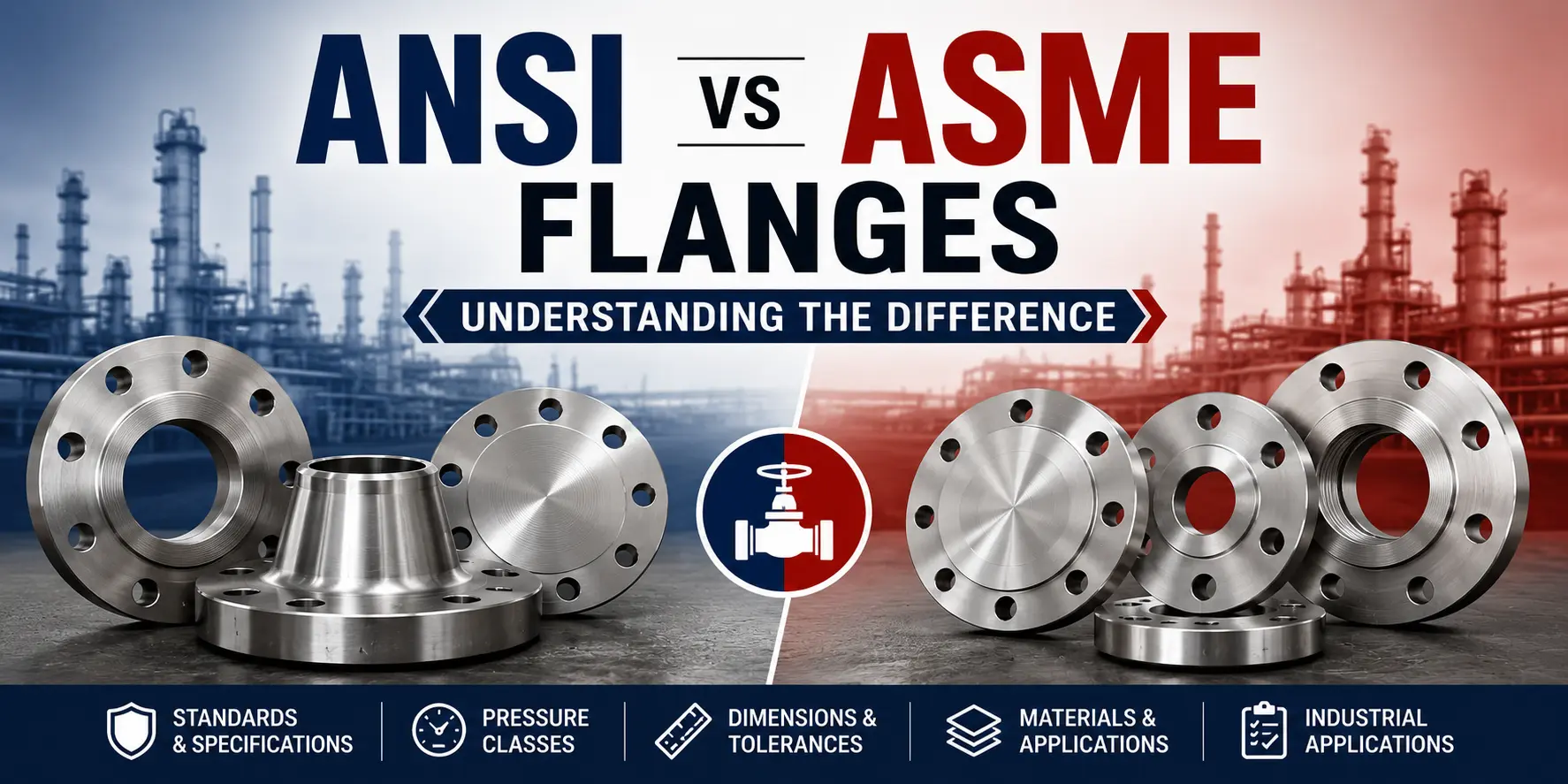 ANSI vs ASME Flanges comparison showing industrial flange standards, pressure classes, dimensions and applications
