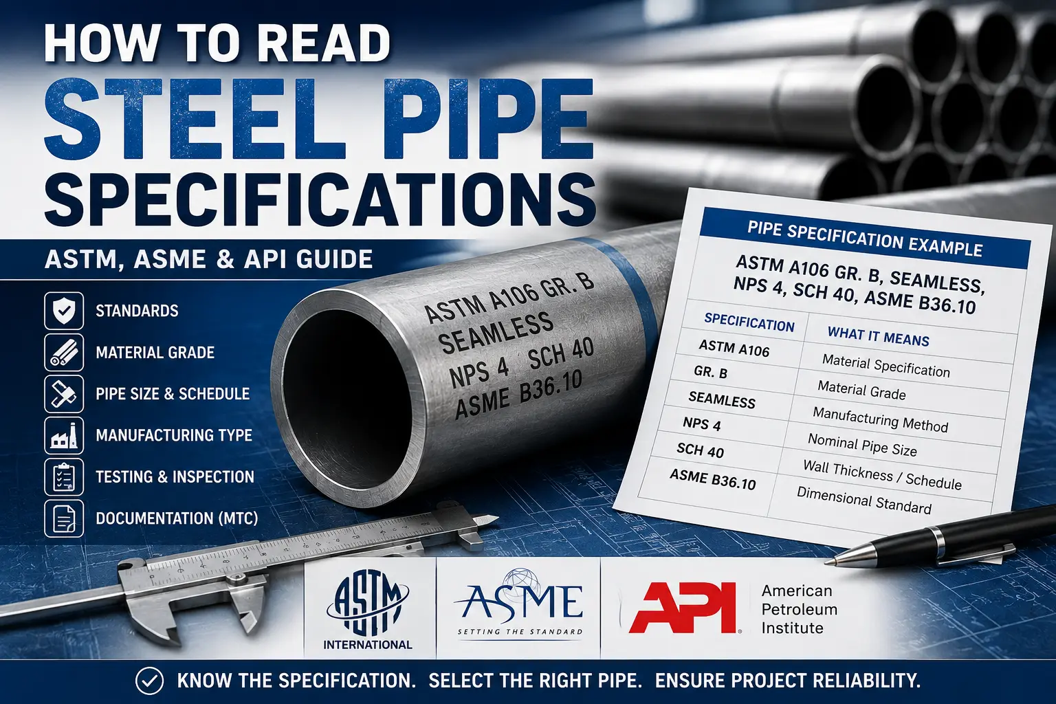 Guide showing how to read steel pipe specifications including ASTM, ASME, API, pipe grade, size, schedule and testing requirements