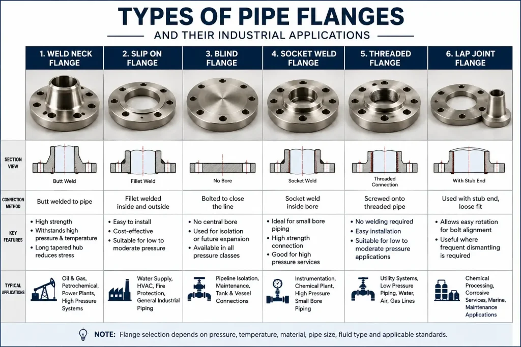 Comparison of different pipe flange types including weld neck, slip-on, blind, socket weld, threaded, and lap joint flanges