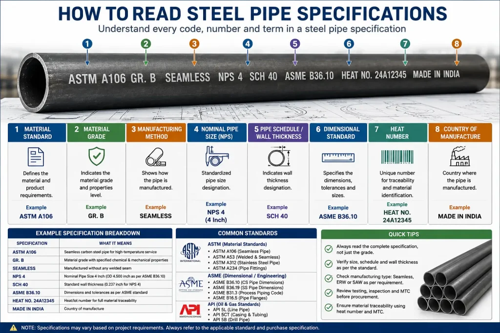 Steel pipe specification guide explaining ASTM, ASME, API standards, pipe grades, dimensions and schedule requirements