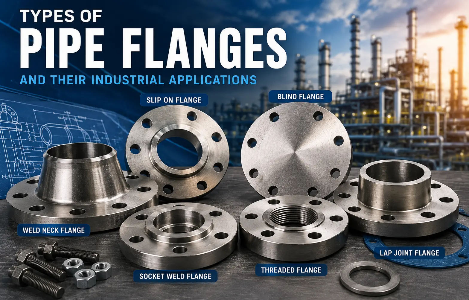 Types of pipe flanges including weld neck, slip-on, blind, socket weld, threaded, and lap joint flanges for industrial piping applications