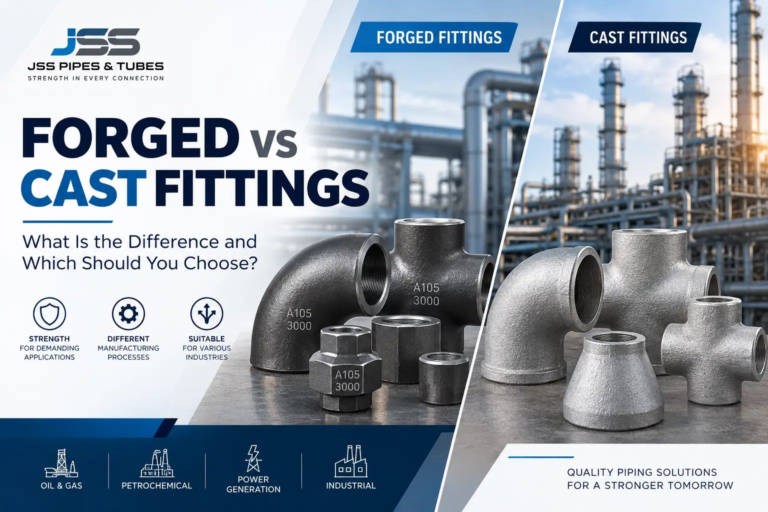 Forged vs cast fittings comparison showing industrial pipe fittings used in oil and gas and process piping applications