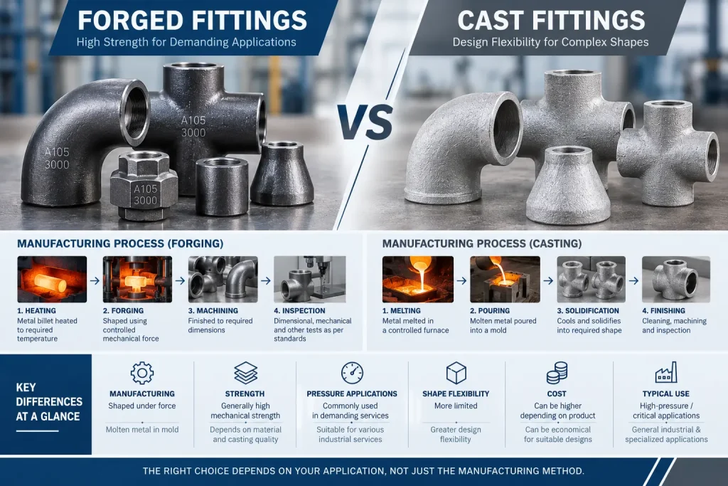 Forged vs cast pipe fittings comparison showing manufacturing processes, strength, applications and selection factors