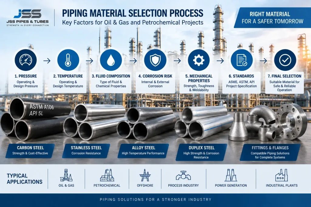 Oil and gas piping material selection based on pressure temperature corrosion and service conditions